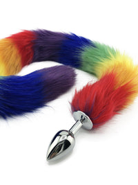 32" Extra Long Faux Cat Tail Butt Plug - Rainbow Pride - TFA