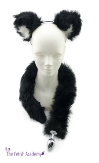 Black and White Faux Fox Ears and Long Tail Set - 30" Black Tail - THE FETISH ACADEMY 