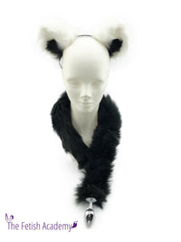 White and Black Faux Fox Ears and Long Tail Set - 30" Black Tail - THE FETISH ACADEMY 
