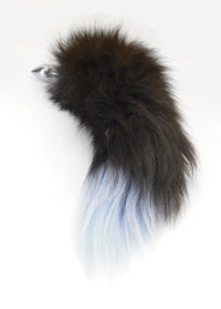 16"-17" Dyed Silver Fox Tail Butt Plug - Black and Baby Blue - TFA