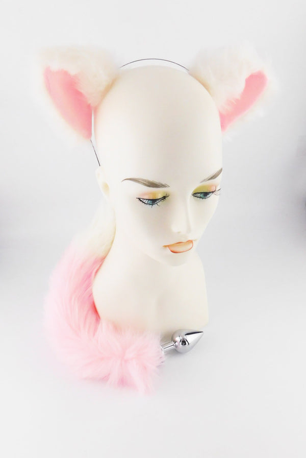 White and Pink Faux Fox Tail and Ears Set - TFA