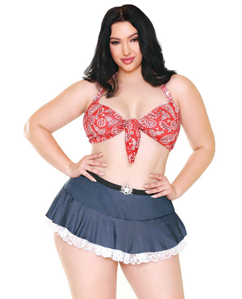Curve Woodys Roundup Halter Bra, Skirt W-lace Trim & Ruffled Panty Red-blue 3x-4x - THE FETISH ACADEMY 