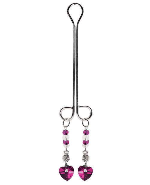 Bijoux De Nip Clit Clamp Double Loop W-heart Charm & Fuchsia Beads - THE FETISH ACADEMY 