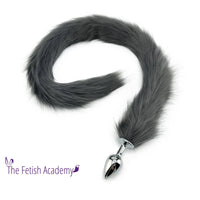 32" Extra Long Faux Cat Tail Butt Plug - Silver - THE FETISH ACADEMY 