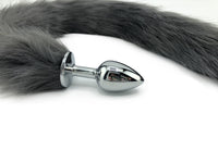 32" Extra Long Faux Cat Tail Butt Plug - Silver - THE FETISH ACADEMY 