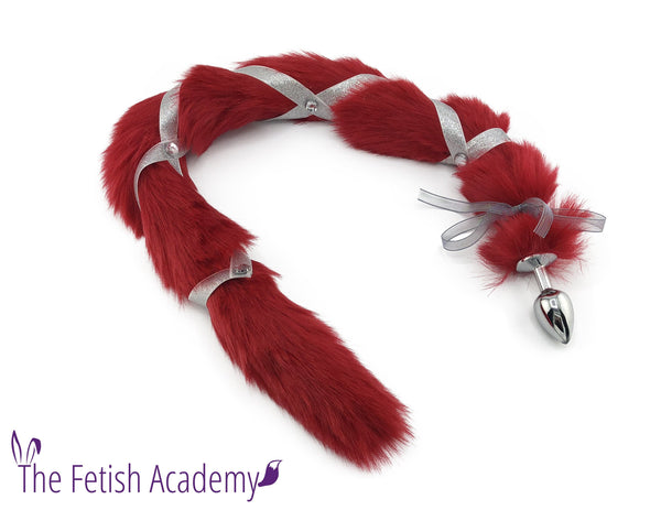Jeweled Extra Long Red Faux Cat Tail Bling Plug - Fetish Academy Exclusive - THE FETISH ACADEMY 