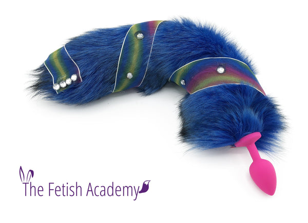 Jeweled Blue Dyed White Fox Tail Bling Plug - Fetish Academy Exclusive - THE FETISH ACADEMY 