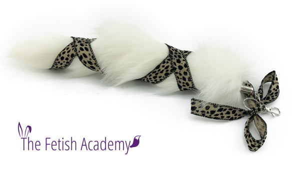 Leopard Ribbon White Fox Clip on Tail - Fetish Academy Exclusive - THE FETISH ACADEMY 