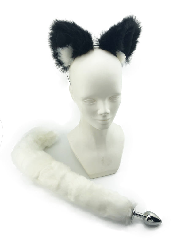 Extra Curvy Faux White Cat Tail Butt Plug and Ears Set - THE FETISH ACADEMY 