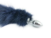 21" Navy Dyed White Fox Tail Butt Plug - THE FETISH ACADEMY 