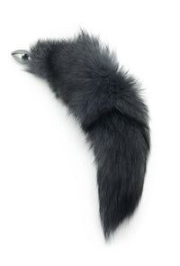 18”-19" Dark Grey Dyed Indigo Fox Tail Butt Plug - THE FETISH ACADEMY 