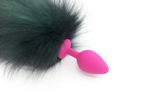 15" Green Dyed Silver Fox Tail Butt Plug - THE FETISH ACADEMY 