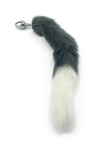 15" Grey and White FAUX Fox Tail Butt Plug - THE FETISH ACADEMY 