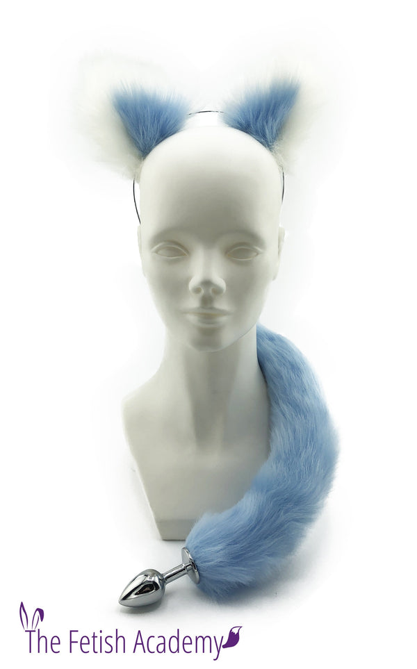 White and Blue Faux Fox Tail and Ears Set - THE FETISH ACADEMY 