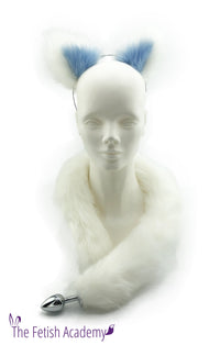 Blue and White Faux Fox Ears and Long Tail Set - 30" White Tail - THE FETISH ACADEMY 