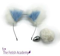 White FAUX Bunny Tail and Blue Ears Set - THE FETISH ACADEMY 