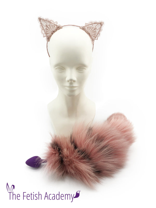 Flamingo Dyed Platinum Fox Tail Butt Plug and Pointy Ears Set - THE FETISH ACADEMY 
