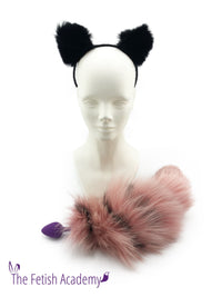Pink Silver Fox Dyed Fox Tail Butt Plug and Black Cat Ears Set - THE FETISH ACADEMY 