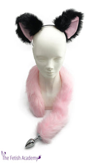 Black and Pink Faux Fox Ears and Long Tail Set - 30" Pink Tail - THE FETISH ACADEMY 