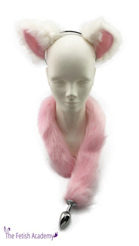 White and Pink Faux Fox Ears and Long Tail Set - 30" Pink Tail - THE FETISH ACADEMY 