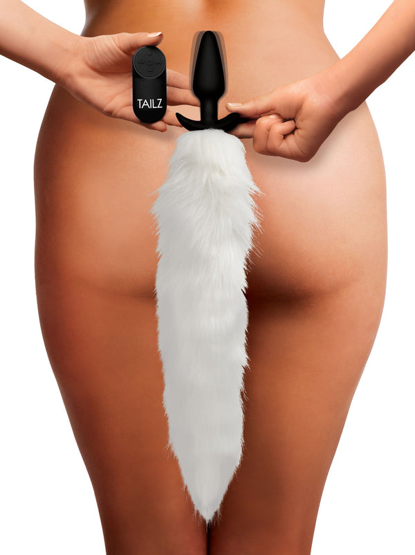 Vibrating White Fox Tail Slender Anal Plug - THE FETISH ACADEMY 