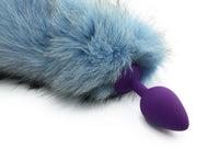 14"-16" Sky Blue Dyed Platinum Fox Tail Butt Plug - THE FETISH ACADEMY 