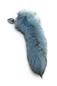 14"-16" Sky Blue Dyed Platinum Fox Tail Butt Plug - THE FETISH ACADEMY 