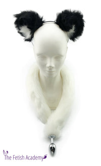 Black and White Faux Fox Ears and Long Tail Set - 30" White Tail - THE FETISH ACADEMY 