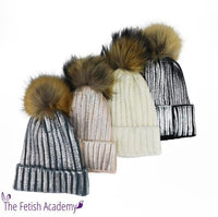 Metallic Striped Knitted Beanie with Removable Fur Pom - THE FETISH ACADEMY 