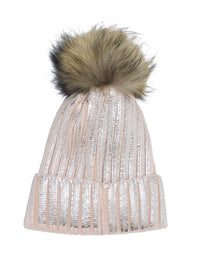 Metallic Striped Knitted Beanie with Removable Fur Pom - THE FETISH ACADEMY 
